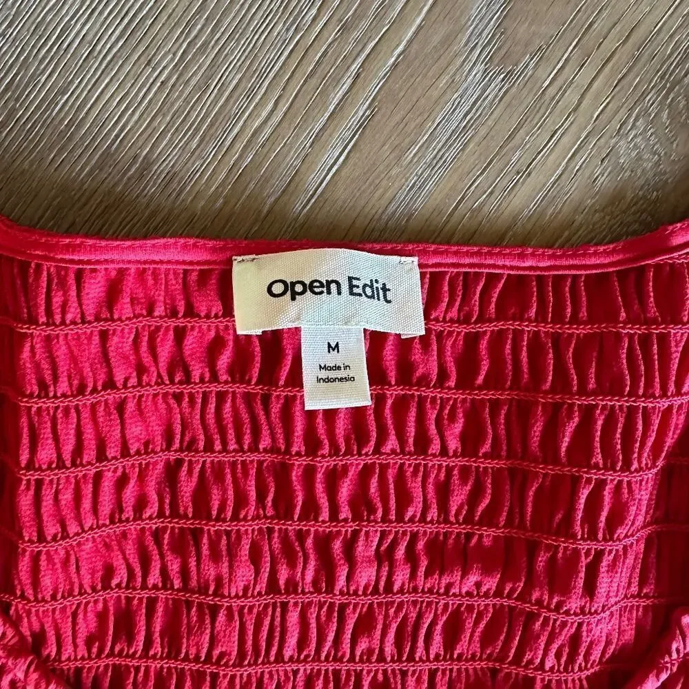 OPEN EDIT Smocked Scoop Neck Crop Top Red Goji Size M NEW